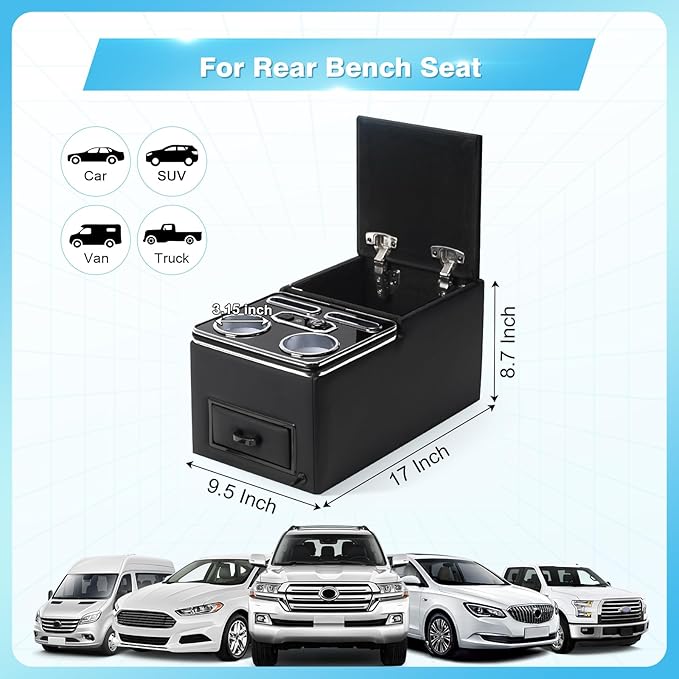 Center Console, Universal Bench Seat Center Console with Fast Phone Charging， Back Seat Car Organizer, Automotive Center Console with Cup Holder & Phone Holder (Black)