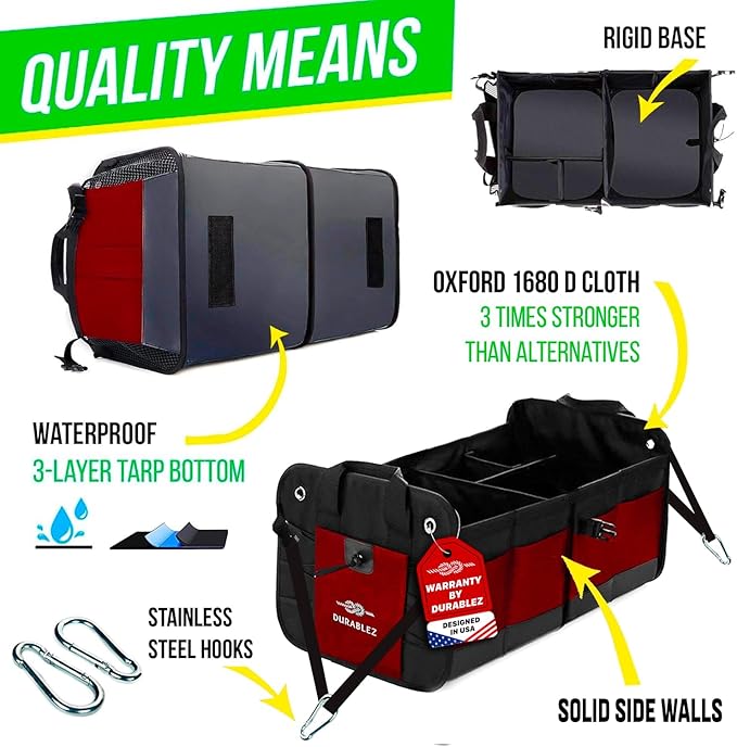 DURABLEZ XL Trunk Organizer 4-Section Modular System – Extra Large Car Cargo Storage, Foldable Multi-Compartment Bin for Groceries, Gear & Travel – High-Density Structure – Red