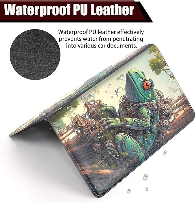 Car Registration and Insurance Holder, PU Leather Auto Document Holder for Men&Women, Vehicle Glove Box Compartment Organizer with Magnetic Shut for Driver's License, Mechanical Frog Pattern