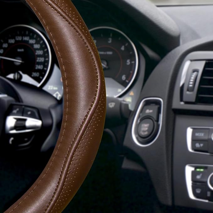 HAOKAY Top Grade Brown Genuine Leather Steering Wheel Cover Men Women, Luxury Steering Wheel Cover for Cars, SUVS and Trucks, Universal 14.5-15 inch