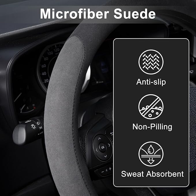 COFIT 15 inch Microfiber Suede Car Steering Wheel Cover, Universal Anti-Slip Grip Protector for SUV Truck, Black & Grey