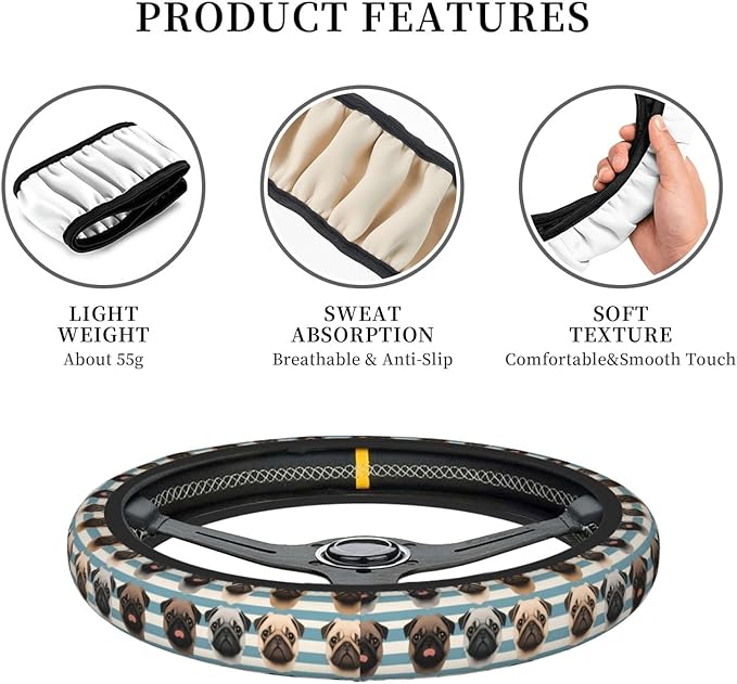 Black Yellow Pug Neoprene Steering Wheel Covers Women Men Car Accessories, Universal 15 Inch Fit Auto, Suvs, Truck