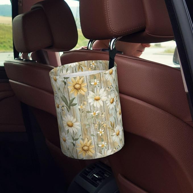 Watercolor Daisy Car Trash Can,Car Accessories Waterproof Car Organizer Foldable Portable Trash Bin Can Be Hung on The Back Seat Garbage Can for Various Cars