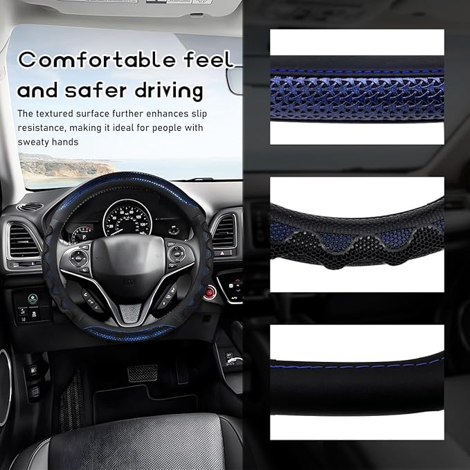 Car Steering Wheel Cover, 15 Inches 3D Honeycomb Design Car Steering Wheel Protector with Comfy Grip, Breathable Anti-Slip D-Shaped Steering Wheel Sleeve for Most Vehicles (Blue,Round)