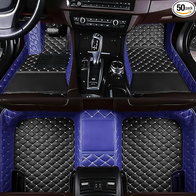 Custom Personalized Floor Mats for Cars，Luxury Full Coverage All Car Floor Mats，Anti-Slip Leather Car Mat Set ，Custom Floor Mats for 99% of Cars, Trucks & SUVs. (Blue and Black)