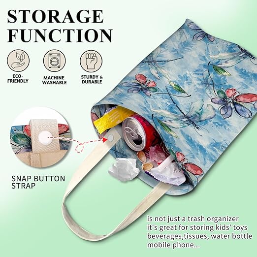 Car Trash Can, Cute Car Trash Bag, Hanging Car Organizer and Storage Bag, Trash Bin for Car Accessories, Vehicle, Travelling, Camping Watercolor Blue Dragonfly