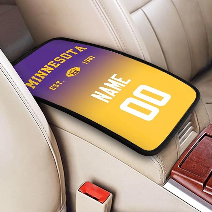 Custom Car Armrest Cover,Add Personalized Name and Number As Gifts for Loyal Football Fans,Auto Center Console Pad Car handrail Box Cushion,Fit for Most Car