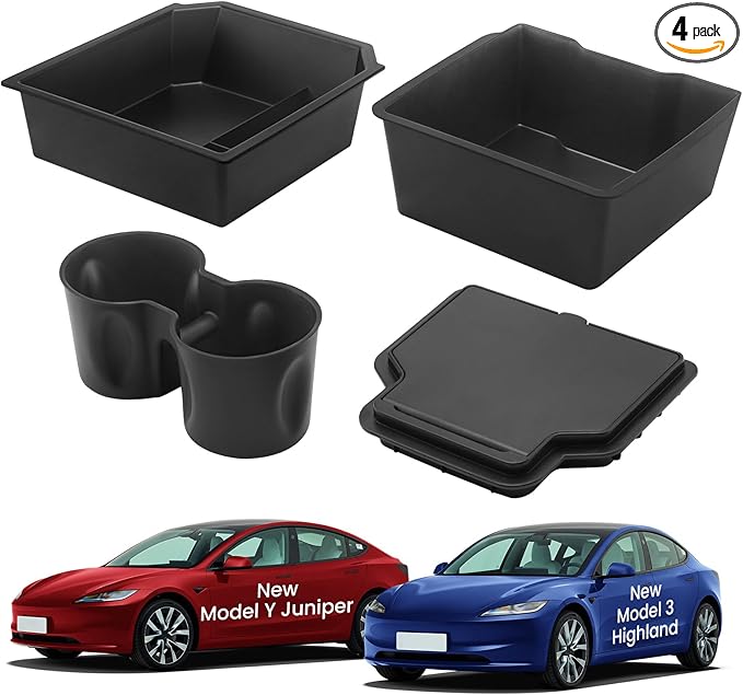 4Pcs Center Console Organizer Tray for Tesla Model 3 Highland 2024 2025 and Model Y Juniper 2025 2026 Accessories, Cup Holder Insert for New Model Y, Armrest Hidden Storage Box for New Model 3