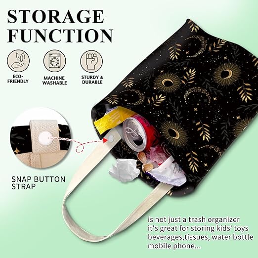Car Trash Can, Cute Car Trash Bag, Hanging Car Organizer and Storage Bag, Trash Bin for Car Accessories, Vehicle, Travelling, Camping Black Golden Pattern