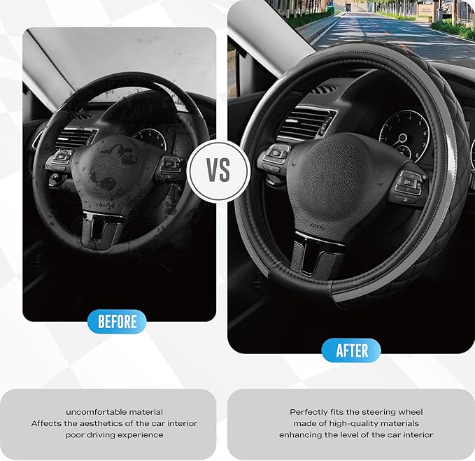 Road Comforts Leather Steering Wheel Cover – Black & Gray, Universal Fit 14.5-15 Inch, Microfiber Leather, Anti-Slip & Breathable Design for Men and Women