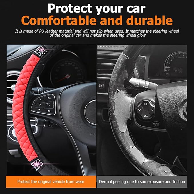 Bling Car Steering Wheel Cover, 15 Inch Crystal Rhinestone Elastic Stretch Leather Steering Wheel Protector, Vehicle Decor Accessories for Women Girls, Universal for RV, SUV, Truck (Red)