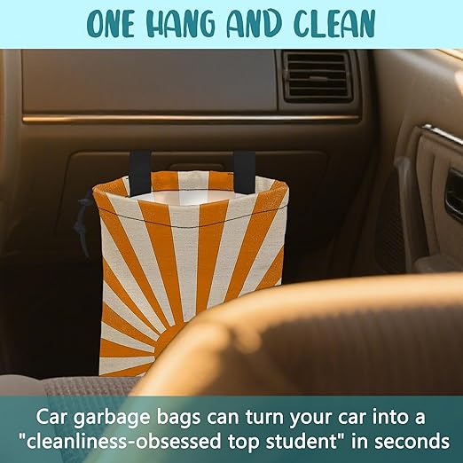 KXWQTRDD Car Trash Bag Retro Orange and White Sunray Leak-Proof Car Garbage Bag with Drawstring Foldable Canvas Trash Bin with Adjustable Buckle for Car Accessories, Travelling, Camping