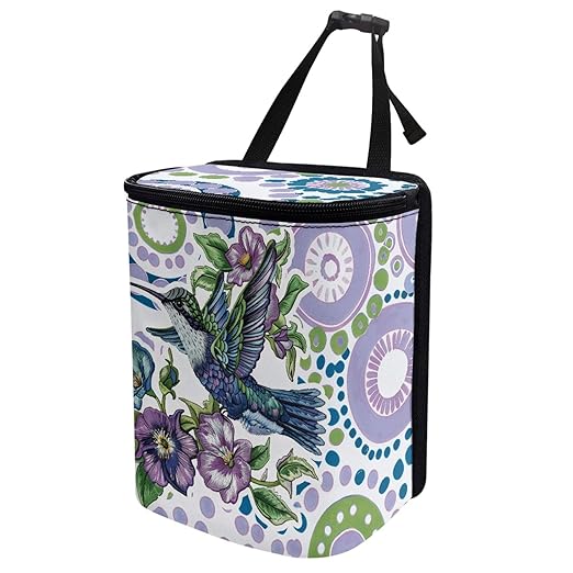 Hummingbird Floral Art Car Trash Can, Colorful Bird Flower Pattern Auto Garbage Bin for Back Seat