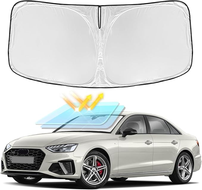 for Audi A4 2017-2024 2025 Windshield Sun Shade - 4 Layers Car Sunshades for Front Windows Shade Cover Custom Fit A4 Sun Visor 240T Retractable Shade Blocks UV Rays Car Accessories