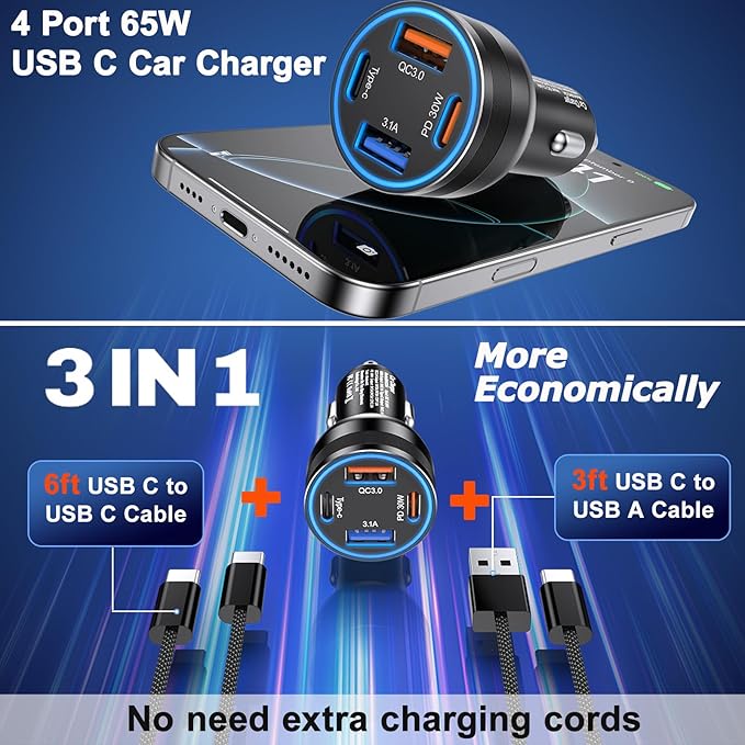 Car Charger USB C, 4-Port 65W USB C Car Charger Adapter Fast Charging Multi Port Cigarette Lighter Adapter with 2Pack USBC Cable, Type C Car Phone Charger for iPhone 17/16/15/14 Pro Max,iPad,Samsung