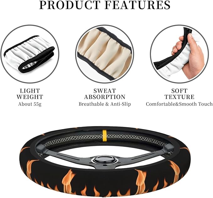 Burning Flame Print Car Steering Wheel Cover, 15 Inch Steering Wheel Cover Stylish Decor for Most Cars