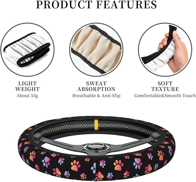 Paw Print Steering Wheel Cover Neoprene Universal 15 Inches Car Steering Wheel Protector for Women Men
