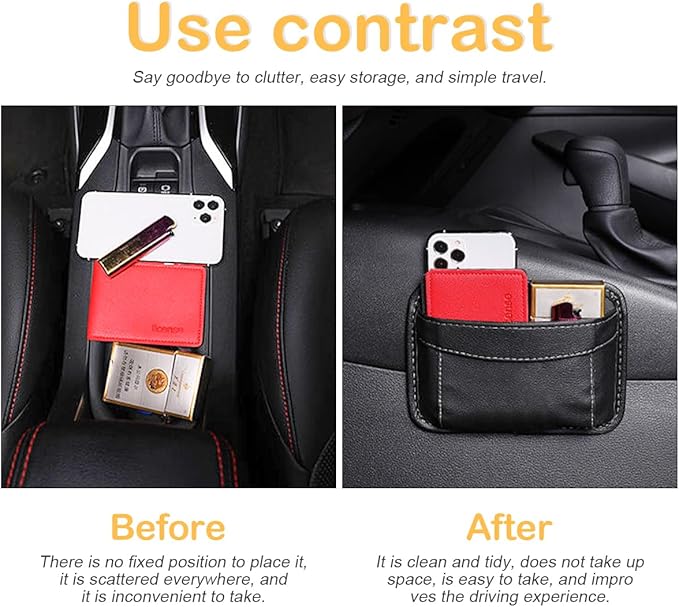 Car Seat Side Pocket Organizer, PU Leather Pen Phone Sunglasses Holder Tray Pouch Seat Gap Filler, Mini Storage Bag Car Interior Accessories for Auto Seat Door Window Console (Black)