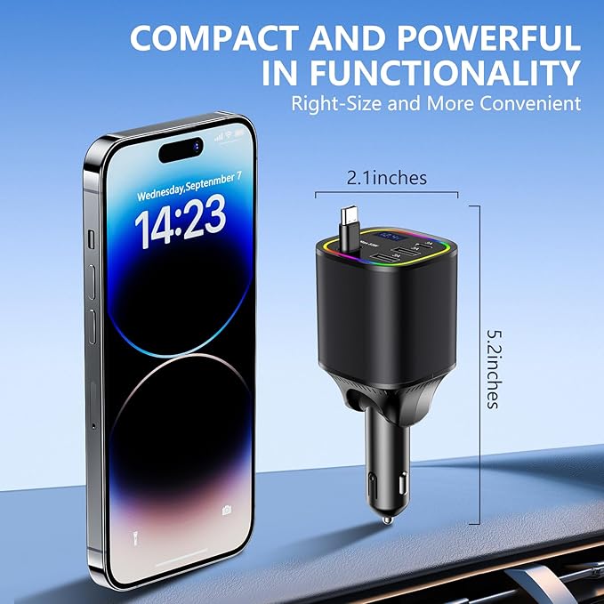 Retractable Car Charger, 4 in 1 Fast Car Charger 78W, with Type C, 2 USB-A Ports and 1 USB-C Port for Fast Charging, Compatible with iPhone 16/15/14/13/12/11, Galaxy, Pixel (Black)