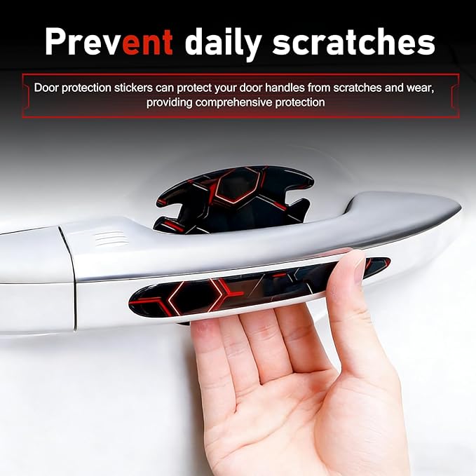 8PCS Car Door Handle Scratch Protectors, 3D Carbon Fiber Door Handle Bowl Sticker, Waterproof Scratch-resistant Self-adhesive Protective Film, Universal for Most Vehicles (Red)