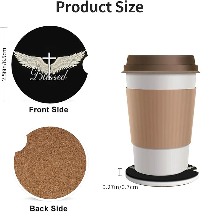 HUWAAI Blessed Cross Wing Car Cup Holder Coasters 2 Pack Universal 2.63 Inch Anti Slip Ceramic Absorbent Coaster with Cork Base and Finger Notch Cute Car Accessories Interior for Women