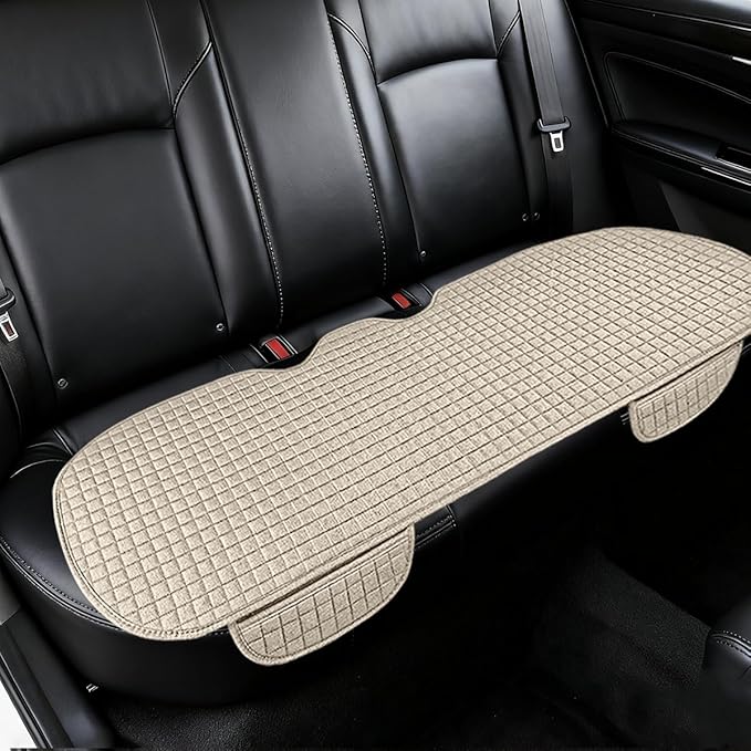 Car Back Seat Cover, Long Bottom Vehicle Rear Seat Protector with Storage Pockets, Breathable Linen Automotive Backseat Bench Cushion Pad Accessories, Universal for SUV Trucks (Beige)