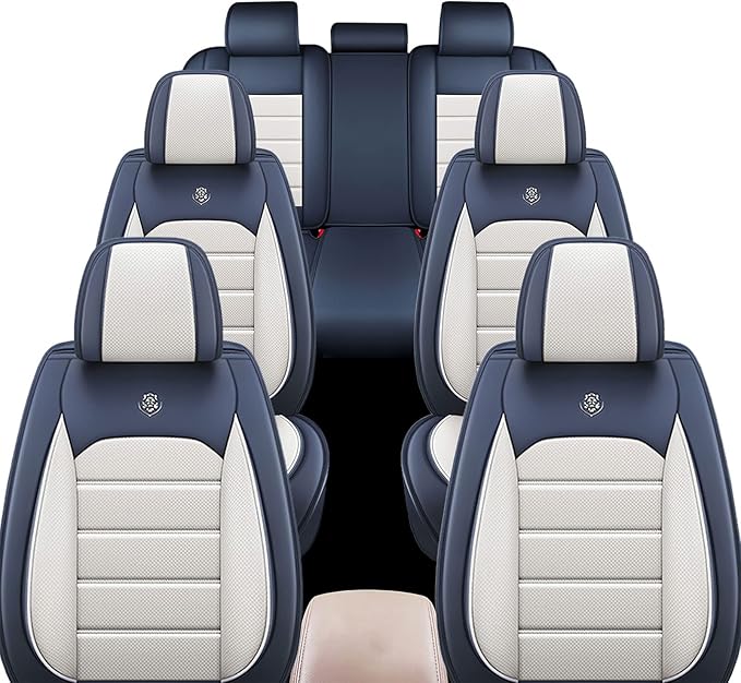 JOJ Car Seat Cover for Lincoln Navigator Seat Covers for Cars 2014-2026,Leather Waterproof Car Seat Covers Full Set,All Weather Tech Car Seat Protector,8 Seats Cream Blue