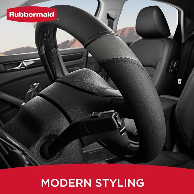 Rubbermaid Steering Wheel Cover – Universal Fit 14.5"–15" Steering Wheel Cover, Anti-Slip Grip, Breathable Leather, All-Season Protection, Interior Upgrade for Cars, Trucks, SUVs - Gray
