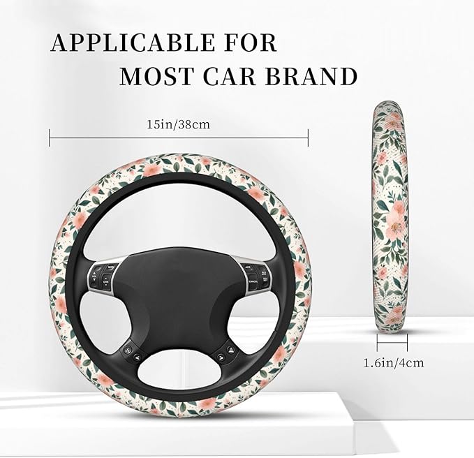 Pink Flowers Floral Steering Wheel Cover for Women Men Girls, Car Accessories Decor Thickened Anti-Slip Auto Steering Wheel Covers Protector Universal Fit 15 Inch for Cars, Truck, SUV