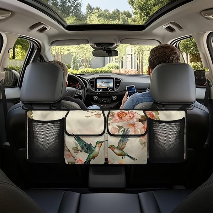Hummingbirds Car Trunk Organizer Floral Flowers Trunk Hanging Storage Bag Multipurpose Cargo Bag for SUVs, Vans, Cars