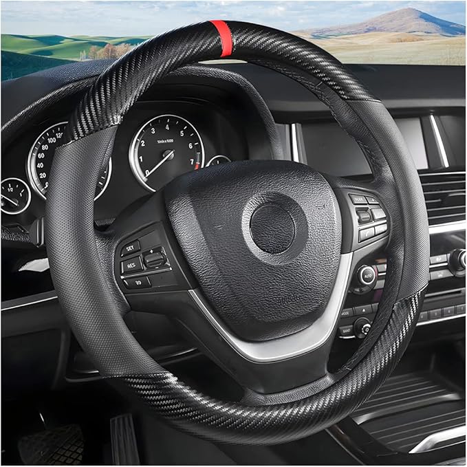 Moly Magnolia Carbon Fiber Steering Wheel Cover, Universal 15 inch Breathable Anti Slip, Black, Leather & Carbon Fiber, Truck & SUV, Automotive Steering Wheel Covers