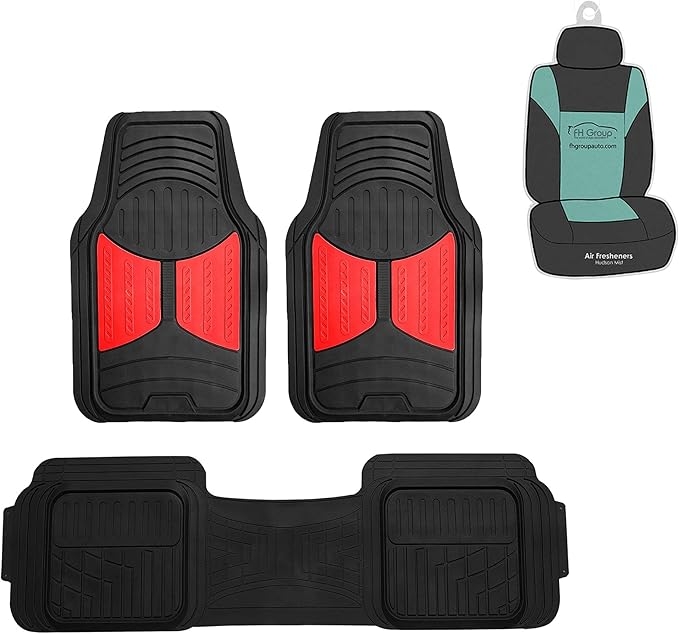 FH Group Car Floor Mats Climaproof™ Heavy Duty Rubber Floor Mats for Sedan, SUV,Truck Floor Mats, Universal Fit Automotive Floor Mats Trimmable Full Red Set, Combo Small Car Seat Cover Design