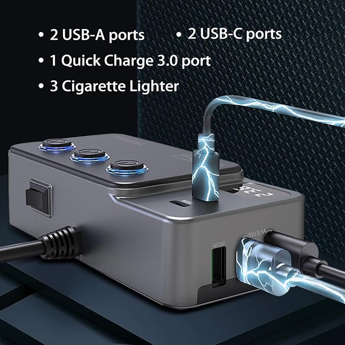 12V Car Heavy Duty Truck Cigarette Lighter Plug USB Charger Multi Port Car Plug Outlet Splitter with LED Voltage Display Independent Switches