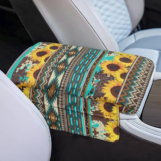 Dreaweet Sunflower Aztec Arm Rest Cover for Car Women Thick Center Console Armrest Pad with Pockets Car Armrest Storage Box Mat Universal Console Covers for SUV Trucks