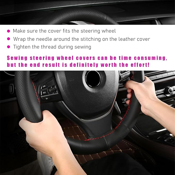 Ziciner Genuine Leather Steering Wheel Cover, Stitch on Wrap, Breathable Anti-Slip Car Steering Wheel Protector for Max Diameter 15 Inch, DIY Sewing with Needles Thread (Red, Glossy)