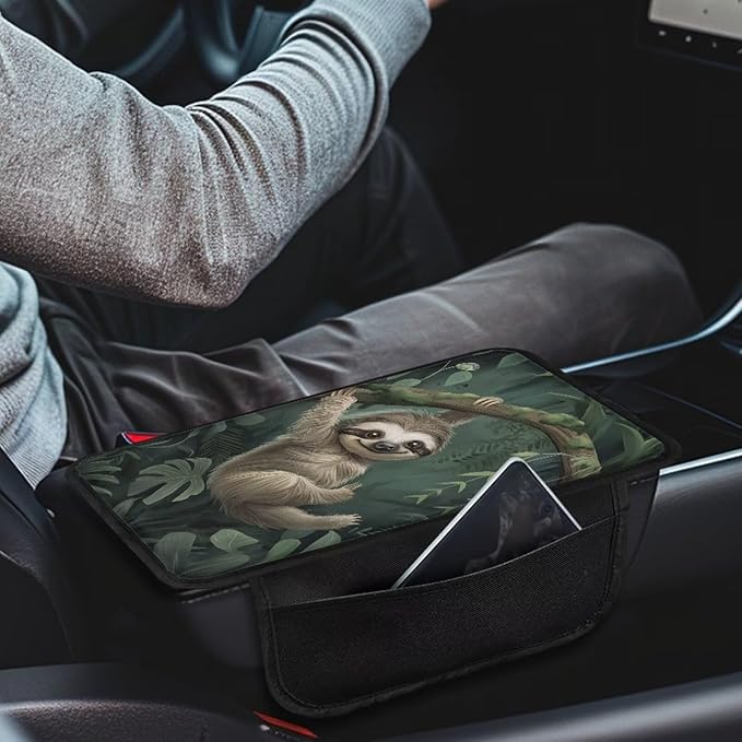 Dreaweet Car Center Console Cover with Pockets Cute Sloth Car Accessories for Women Interior,Car Arm Rest Cover Pad Universal Armrest Cover for Car Truck SUV Van
