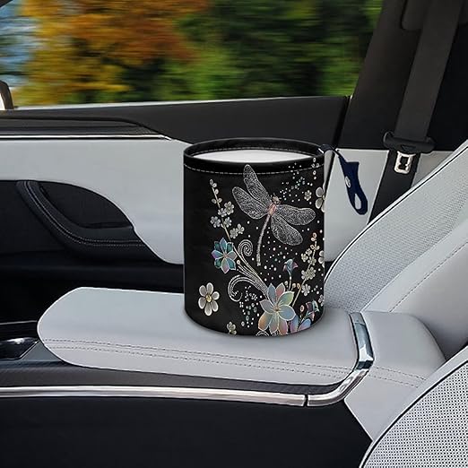 Dragonfly Trash Can for Car Car Garbage Can for Back Seat Leak Proof with Adjustable Buttons Car Accessories for Women Interior