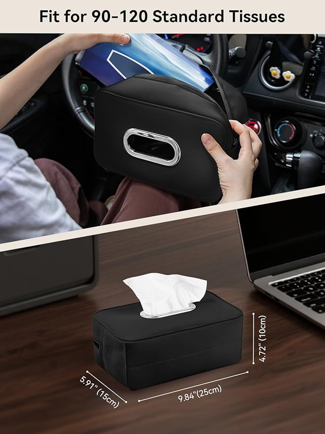 2Pack Multi-Functional Car Tissue Holder with ‌2 Tuck Nets, Upgraded PU Leather Tissue Box Cover, Large Rectangle Napkin Storage Organizer, Keep Car Tidy, Black