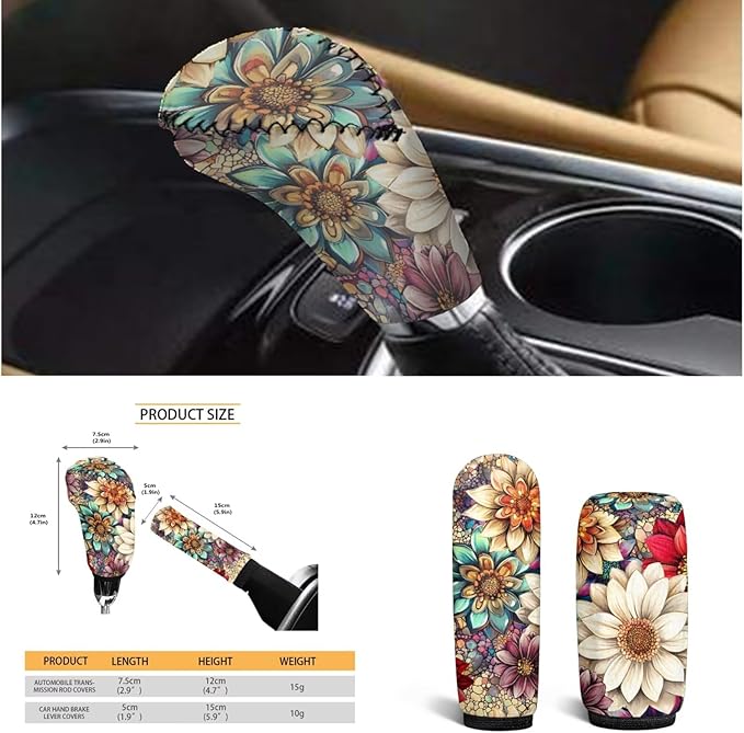 Hippie Blossom Lotus Car Interior Decor for Women 6 Pcs Flower Print Steering Wheel Cover Cup Coaster Handbrake Gear Cover Suit for Most Cars Truck Vans SUV