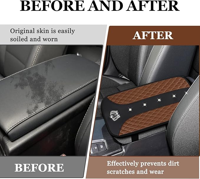 Bling Crown Car Center Console Cover, 12.7"×7.7" Armrest Cover for Cars, Waterproof Leather Arm Rest Box Pad Cushion, Universal Middle Console Cover Protector, Car Accessories (Coffee)