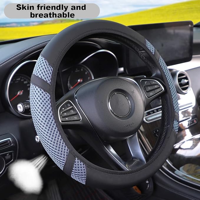Zipelo Elastic Stretch Car Steering Wheel Cover, Leather Breathable Vehicle Steer Wheel Protective Guard, Anti-Slip Automotive Steer Wheel Protector Accessories, Universal for Most Cars (Blue Gray)