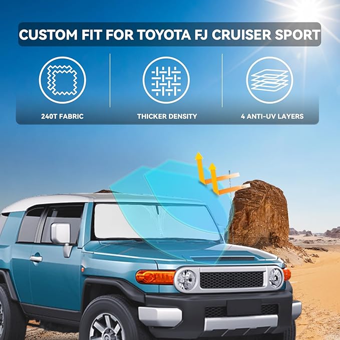 for Toyota FJ Cruiser Sport 2007-2014 Windshield Sun Shade - 4 Layers Car Sunshades for Front Windows Shade Cover Custom Fit FJ Cruiser Sport Sun Visor 240T Shade Blocks UV Rays Car Accessories