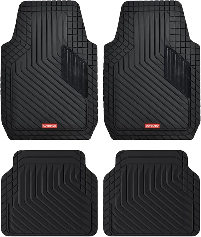 Coverado Heavy-Duty PVC Car Floor Mats Full Set – Black Metallic Heel Pad, All-Weather Protection for Front & Rear, Non-Slip Backing, Easy-to-Clean Liners, 4 Pcs