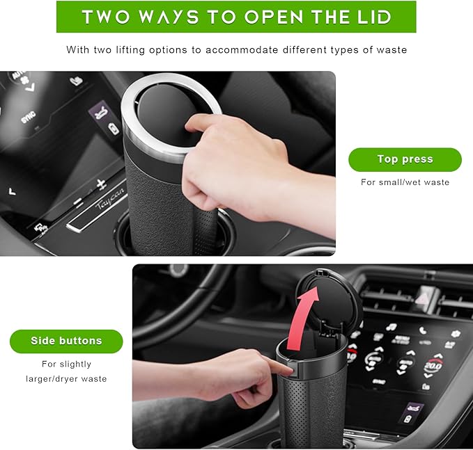 Car Trash Can Bin with Lid, Cup Holder Garbage Container Leakproof Vehicle Door Trash Bin, Mini Portable Dustbin Multipurpose Organizer for Auto Side Door Home Office (Silver)
