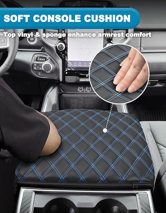 Center Console Cover for Dodge Ram 1500 2019-2026, Bucket Seat, Vinyl Leather Interior Accessories, Car Armrest Cushion Pad, Anti-Scratch, Black-Blue Stitch