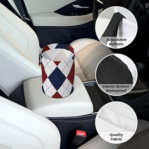 Navy Blue White Argyle Car Trash Can Garbage Cans Foldable,Cute Hanging Car Organizer and Storage Bag Leak Proof, Auto Back Seat Trash Bin Universal for Truck, SUV, Outdoor Travel