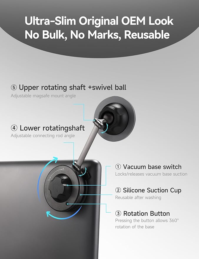 TPARTS Vacuum Suction Magnetic Phone Holder for Tesla Model Y/3/X/S, Upgraded Suction Cup Car Mount with 360°Rotation and Retractable Phone Holder