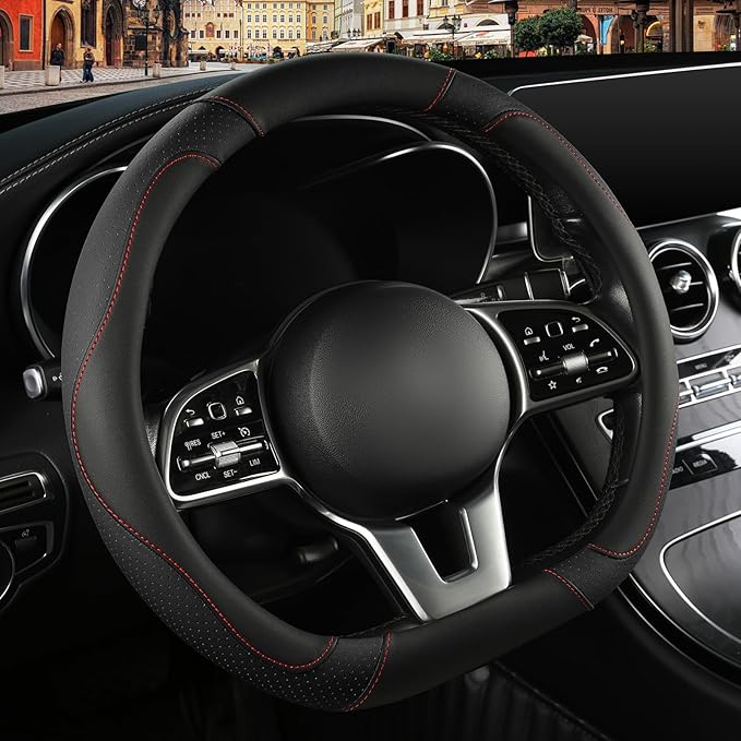 Binsheo Microfiber Leather D Shaped Steering Wheel Cover, Breathable, Anti Slip, Universal 15 inch, Black
