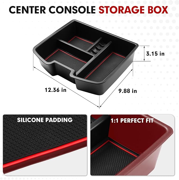 Autorder Center Console Organizer for 2007-2014 Chevy Silverado Tahoe Suburban Avalanche/GMC Sierra Yukon Accessories - Floor Mounted Center Console Only - Black & Red Slip Mats