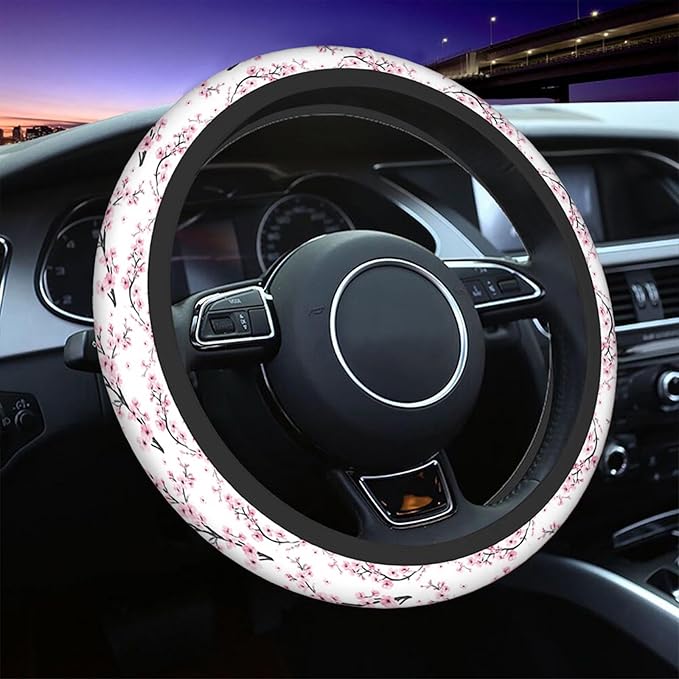 Swono Steering Wheel Cover for Men Women Watercolor Flower Branch of Cherry Blossom Flower Pink Universal 15 Inch Anti-Slip Odorless Breathable Car Wheel Protector